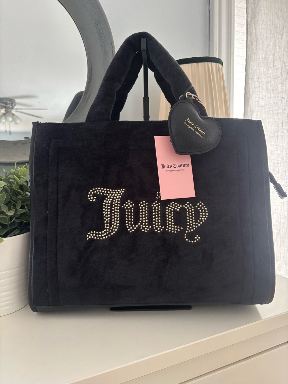 Juicy Couture Black Velvet Juicy Rhinestone Tote with Heart Charm